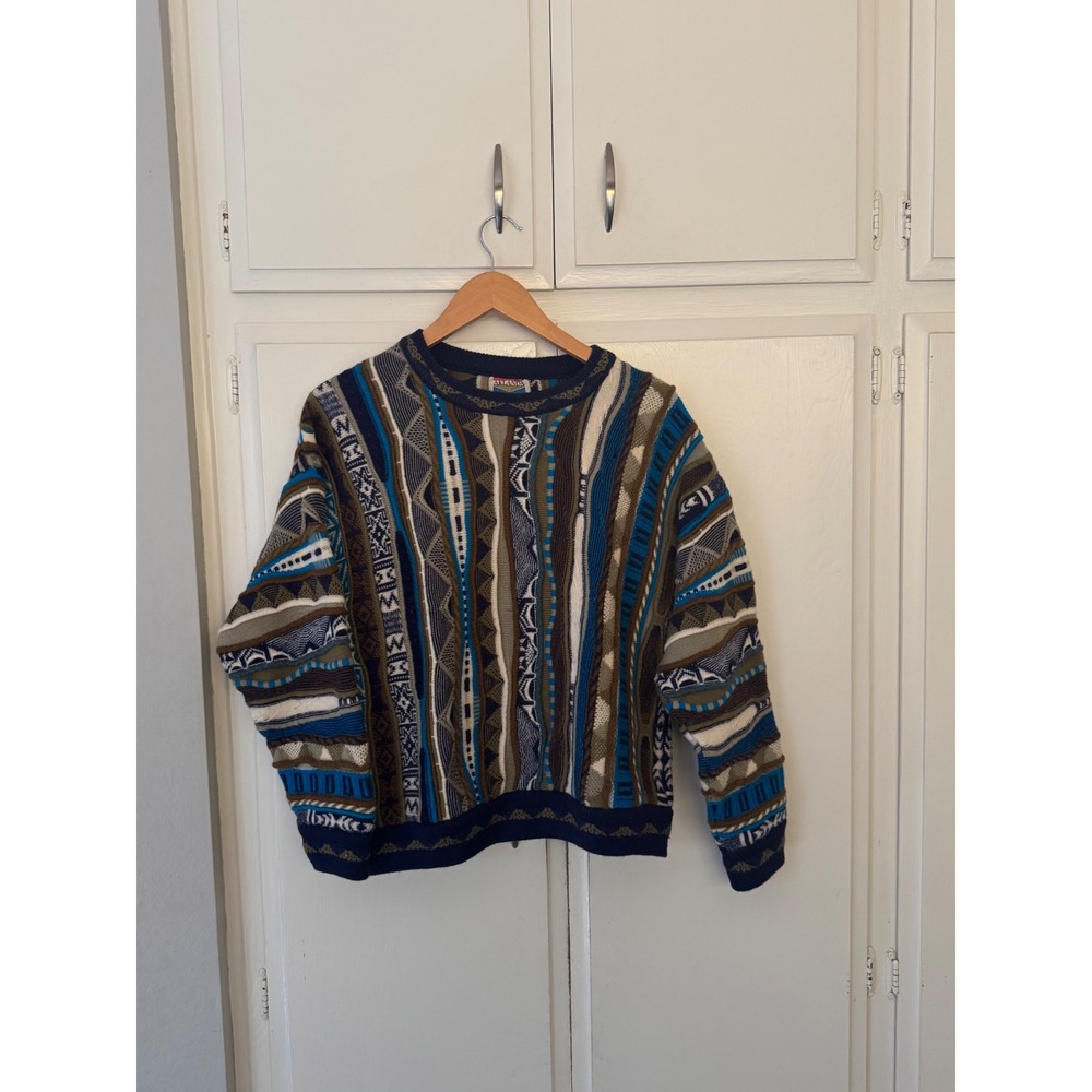 Aklanda Australia Vintage 3D Knit Wool Sweater Mens Small Blue Brown Coogi Style